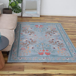 フラワー花柄ラグ TOCORU Series"ガーデン" ループ サックスブルー