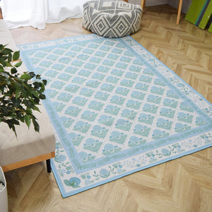 フラワー花柄ラグ TOCORU Series"ダマスク" ループ サックスブルー