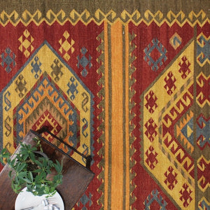 個性的な配色と幾何学模様が印象的なヴィンテージ風キリムラグ VAANI - TOCO LIFE