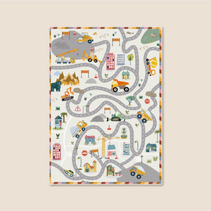 洗えるキッズラグ TOCO LIFE KIDS “ロードマップ 働く車と迷路” フランネル グレー