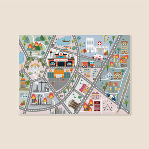 洗えるキッズラグ TOCO LIFE KIDS “ロードマップ 火事・消防車” フランネル ブルー