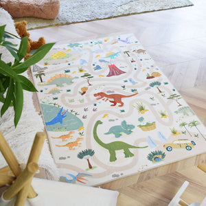 洗えるキッズラグ TOCO LIFE KIDS “ロードマップ 恐竜と迷路” フランネル ベージュ