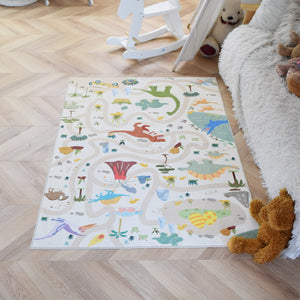 洗えるキッズラグ TOCO LIFE KIDS “ロードマップ 恐竜と迷路” フランネル ベージュ