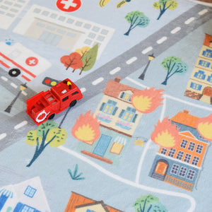 洗えるキッズラグ TOCO LIFE KIDS “ロードマップ 火事・消防車” フランネル ブルー