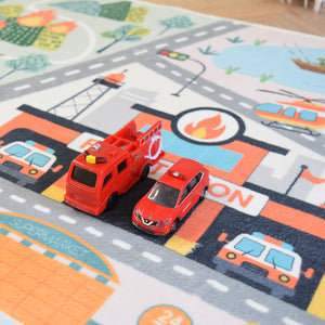 洗えるキッズラグ TOCO LIFE KIDS “ロードマップ 火事・消防車” フランネル ブルー