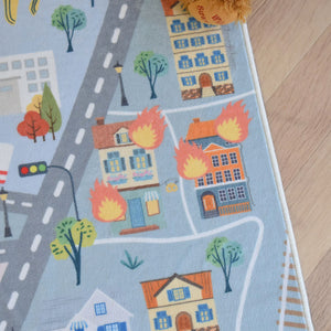 洗えるキッズラグ TOCO LIFE KIDS “ロードマップ 火事・消防車” フランネル ブルー