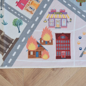 洗えるキッズラグ TOCO LIFE KIDS “ロードマップ 火事・消防車” フランネル ブルー