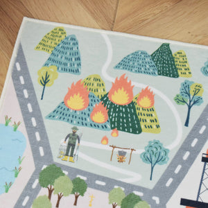 洗えるキッズラグ TOCO LIFE KIDS “ロードマップ 火事・消防車” フランネル ブルー
