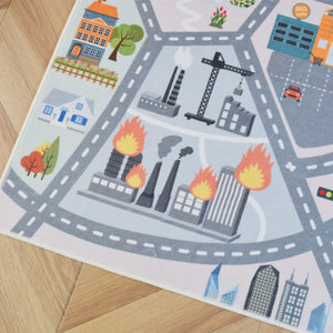 洗えるキッズラグ TOCO LIFE KIDS “ロードマップ 火事・消防車” フランネル ブルー