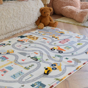 洗えるキッズラグ TOCO LIFE KIDS “ロードマップ 働く車と迷路” フランネル グレー