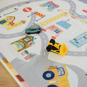 洗えるキッズラグ TOCO LIFE KIDS “ロードマップ 働く車と迷路” フランネル グレー