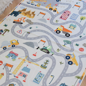 洗えるキッズラグ TOCO LIFE KIDS “ロードマップ 働く車と迷路” フランネル グレー