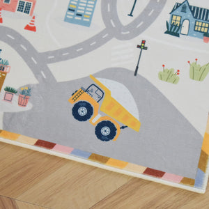洗えるキッズラグ TOCO LIFE KIDS “ロードマップ 働く車と迷路” フランネル グレー