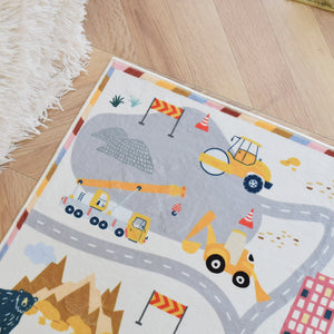 洗えるキッズラグ TOCO LIFE KIDS “ロードマップ 働く車と迷路” フランネル グレー