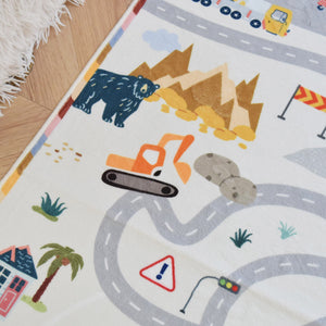 洗えるキッズラグ TOCO LIFE KIDS “ロードマップ 働く車と迷路” フランネル グレー