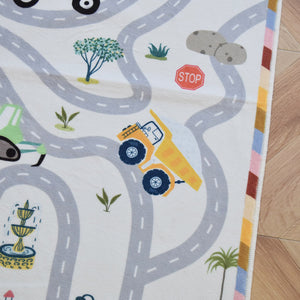 洗えるキッズラグ TOCO LIFE KIDS “ロードマップ 働く車と迷路” フランネル グレー