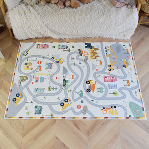 洗えるキッズラグ TOCO LIFE KIDS “ロードマップ 働く車と迷路” フランネル グレー