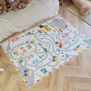洗えるキッズラグ TOCO LIFE KIDS “ロードマップ 働く車と迷路” フランネル グレー