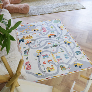 洗えるキッズラグ TOCO LIFE KIDS “ロードマップ 働く車と迷路” フランネル グレー