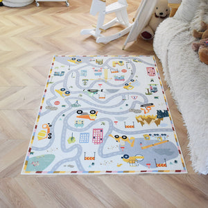 洗えるキッズラグ TOCO LIFE KIDS “ロードマップ 働く車と迷路” フランネル グレー