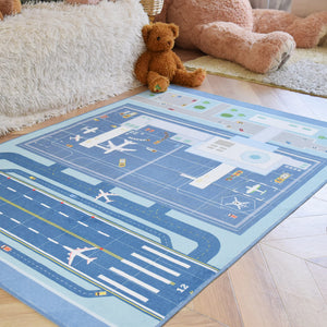 洗えるキッズラグ TOCO LIFE KIDS “ロードマップ 滑走路・飛行機” フランネル ブルー
