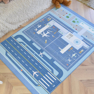洗えるキッズラグ TOCO LIFE KIDS “ロードマップ 滑走路・飛行機” フランネル ブルー
