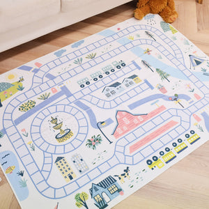 洗えるキッズラグ TOCO LIFE KIDS “トレインマップ 電車” フランネル ブルー