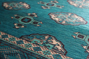 繊細なデザインが特徴的なトルクメン絨毯風プリントマット MARUFU-303 ターコイズ ターコイズ - TOCO LIFE