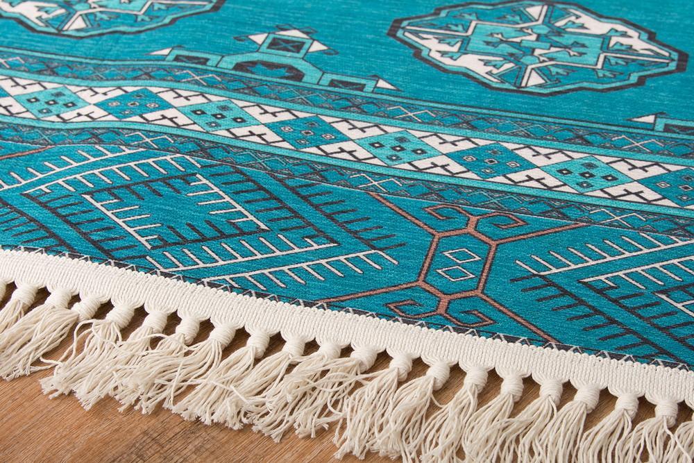 繊細なデザインが特徴的なトルクメン絨毯風プリントラグ MARUFU-306