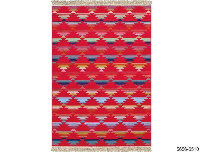 華やかで多色使いのきっちりと並んだキリム柄のモケット織ラグ REGNBUE 5656-6510 レッド