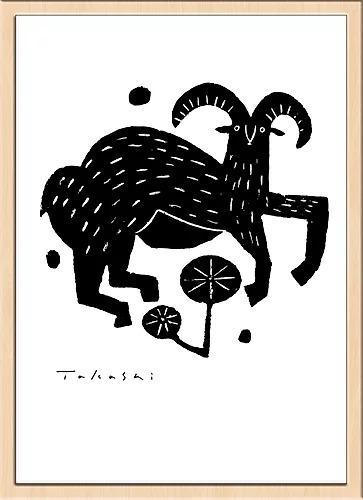 味のあるタッチで描かれたモノクロ動物のアートポスター「ムフロン」