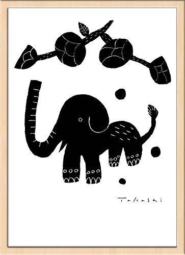 味のあるタッチで描かれたモノクロ動物のアートポスター「ゾウ」