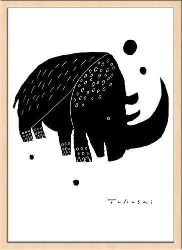 味のあるタッチで描かれたモノクロ動物のアートポスター「サイ」